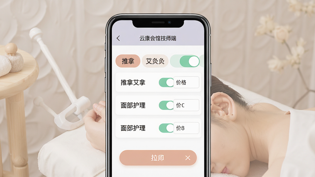 一张手机应用编辑界面的展示图,标题为“云康会馆技师端”,画面中手机屏幕显示服务项目设置页面,有推拿、艾灸、面部护理等标签选项,每个标签旁边有开关按钮和价格输入框,界面布局清晰,操作按钮明显,整体风格现代扁平,配色柔和,画质干净,无多余元素