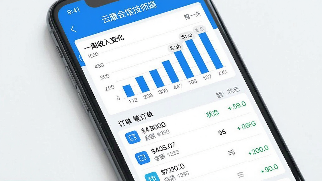 一张手机数据统计界面的展示图,画面中手机屏幕显示“云康会馆技师端”的收入统计页面,上方有柱状图展示一周收入变化,下方列表显示每笔订单的金额和状态,整体以蓝白配色为主,图表设计简洁直观,数据清晰可读,背景干净,画质清晰,无多余元素