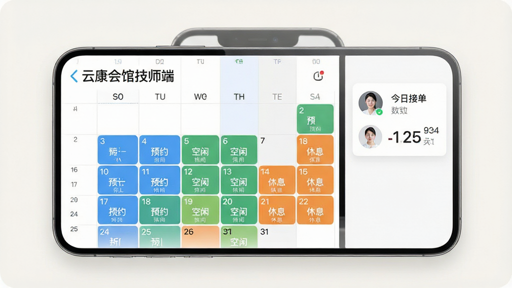 一张手机日历应用界面的详细展示图,标题为“云康会馆技师端”,画面中央是手机屏幕显示彩色排班日历,不同日期格子用蓝色、绿色、橙色标注预约、空闲和休息状态,侧边有技师头像和今日接单数量统计小卡片,界面风格清爽现代,字体清晰,背景为浅色,画质干净,无多余元素