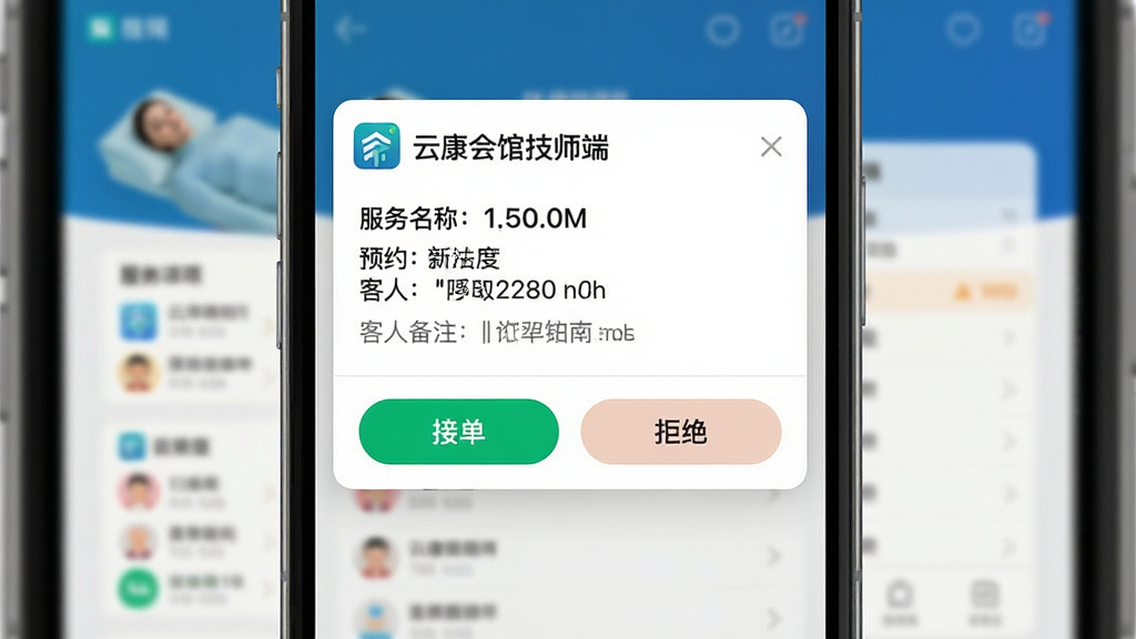 一张手机通知中心界面的展示图,画面上方弹出“云康会馆技师端”的新订单推送卡片,卡片内显示服务项目名称、预约时间和客人备注信息,下方有接单和拒绝两个按钮,手机背景是模糊的技师端主界面,整体设计风格简洁明快,色彩对比清晰,画质干净,无多余元素