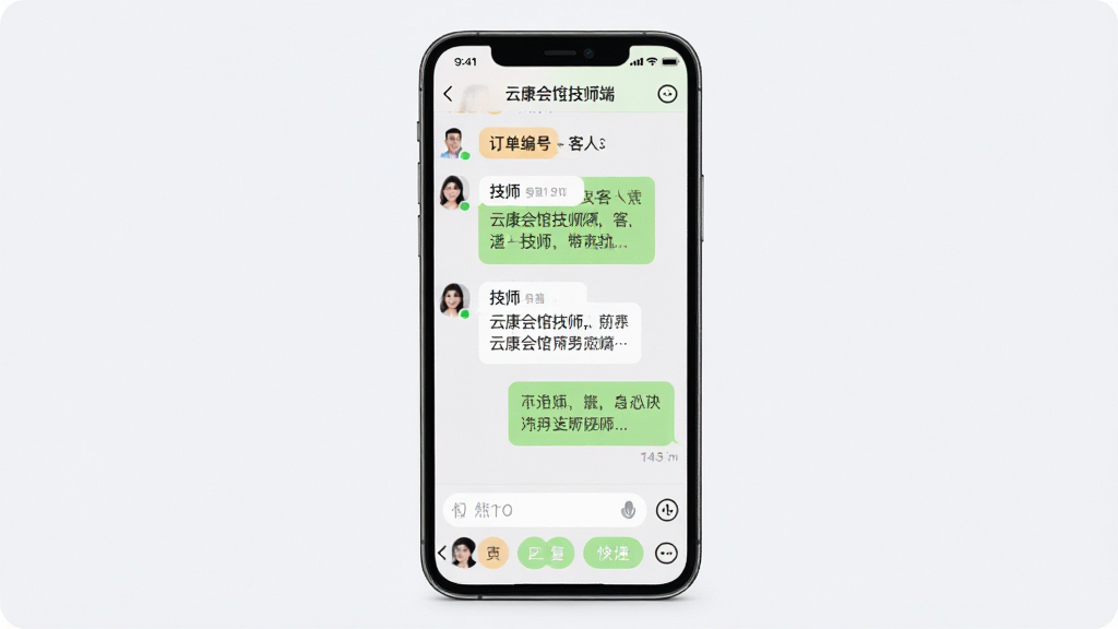 一张手机聊天界面的展示图,画面中手机屏幕显示“云康会馆技师端”的消息对话页面,对话气泡中显示客人和技师的沟通内容,顶部有订单编号标签,底部有输入框和快捷回复按钮,界面清爽,配色柔和,文字清晰,背景干净,画质清晰,无多余元素