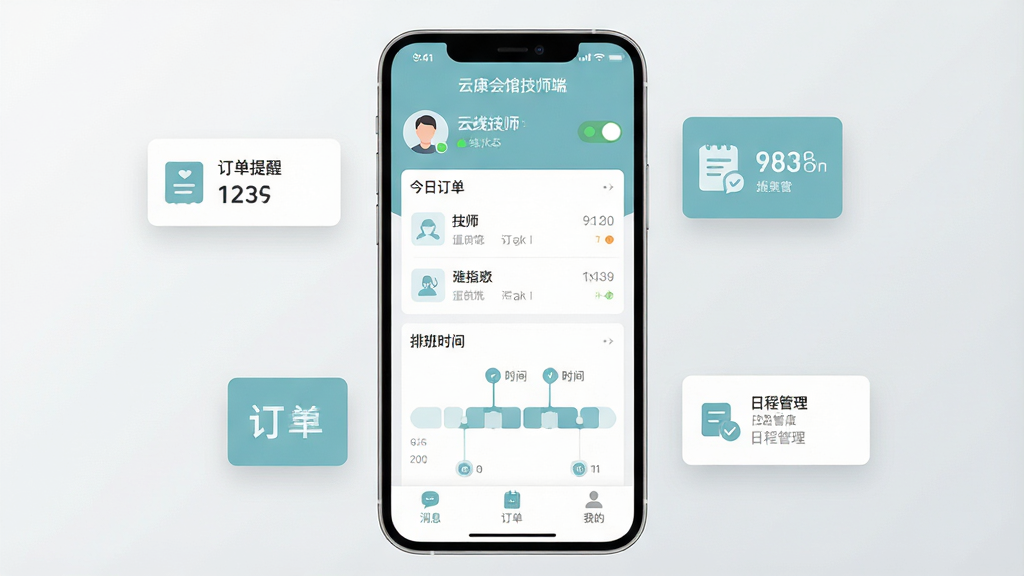 一张手机应用界面的展示图,画面中央是一部现代智能手机,手机屏幕上显示着“云康会馆技师端”的应用主界面,界面以柔和的蓝绿色调为主,顶部有技师头像和在线状态切换按钮,中间区域是今日订单列表和排班时间轴,底部有消息、订单、我的三个导航图标,手机周围环绕着几个悬浮的功能卡片图标代表订单提醒和日程管理,背景是干净的浅灰色渐变,整体风格现代简约扁平化,画质清晰干净,无多余元素