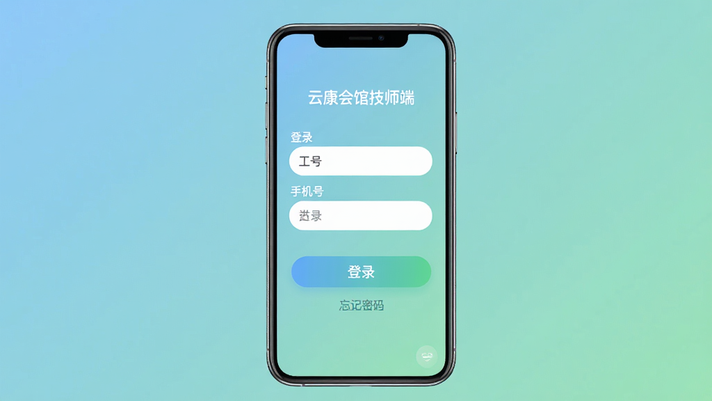 一张手机应用登录界面的展示图,画面中手机屏幕显示“云康会馆技师端”的登录页面,有工号输入框和手机号输入框,下方有登录按钮和忘记密码链接,背景是柔和的蓝绿渐变,界面简洁大方,按钮圆润,画质清晰,无多余元素