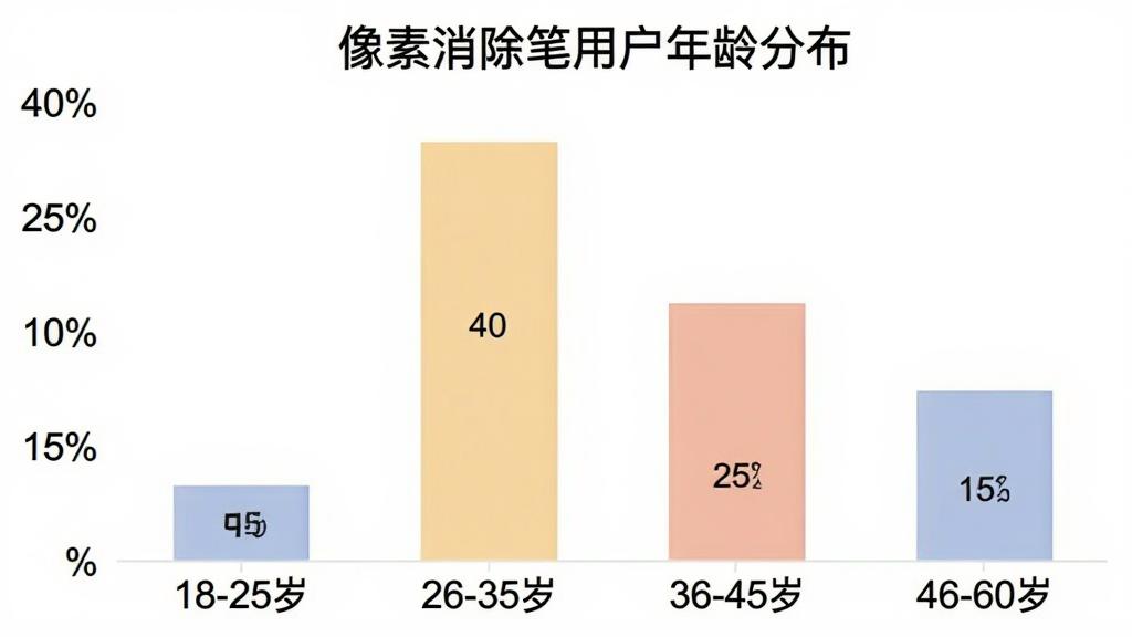 一张柱状图展示像素消除笔用户年龄分布,横轴为年龄区间“18-25岁”“26-35岁”“36-45岁”“46-60岁”,纵轴为百分比,柱子高度分别约为20%、40%、25%、15%,图表风格简洁清晰,配色柔和,背景干净无多余元素