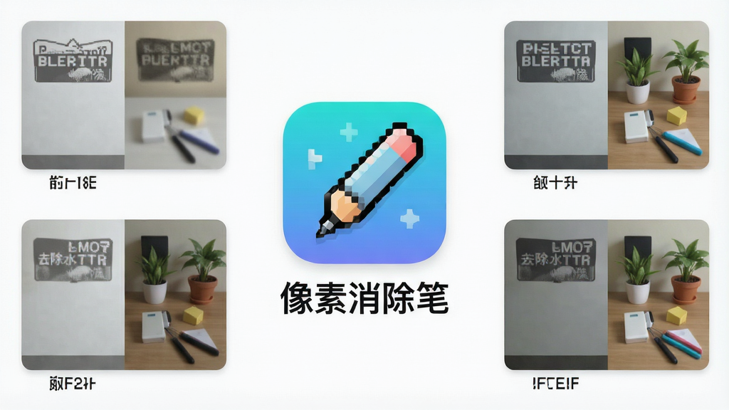 一张干净清爽的手机应用界面展示图,画面中央是像素消除笔的软件图标和应用名称“像素消除笔”,周围环绕着几张处理前后的对比小图,展示去除水印和杂物的效果,整体布局简洁,风格为现代扁平化设计,细节圆润,画质干净无多余元素