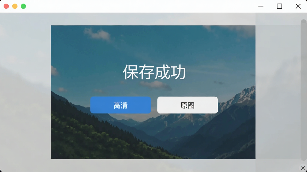 像素消除笔软件中一张图片处理完成后的保存界面,屏幕中央显示“保存成功”的提示,下方有“高清”和“原图”两个选项按钮,背景是已经处理干净的图片缩略图,整体布局清晰,风格现代扁平,画质干净无多余元素