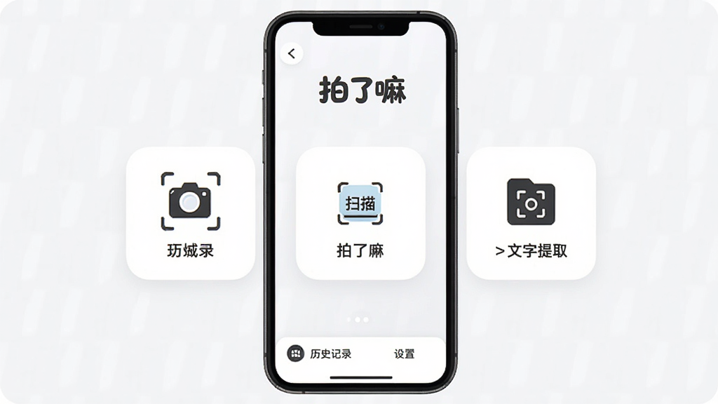 一张展示“拍了嘛”软件主界面的图片,主体是手机屏幕,布局简洁,顶部显示“拍了嘛”Logo,中间是拍照识别、扫描、文字提取三个大图标按钮,底部有历史记录和设置选项,排版清晰,风格现代扁平,细节圆润,画质干净,没有多余元素