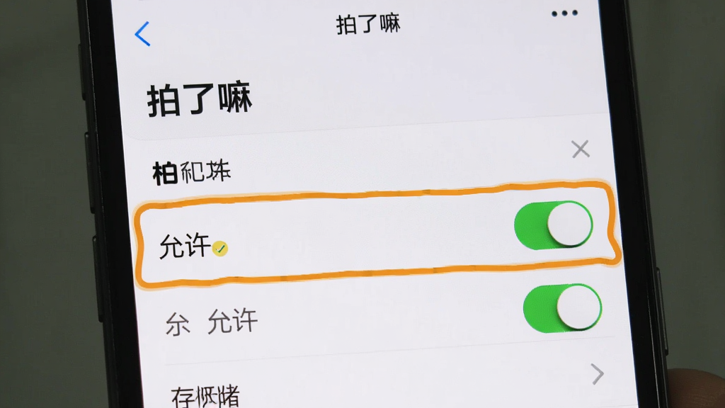 一张AI生成的图片,主体是手机屏幕显示“拍了嘛”的权限设置页面,相机和存储权限被高亮标注为“允许”,布局是设置列表,排版是纵向排列,风格是系统界面截图风格,细节是开关按钮清晰,画质干净,没有多余元素