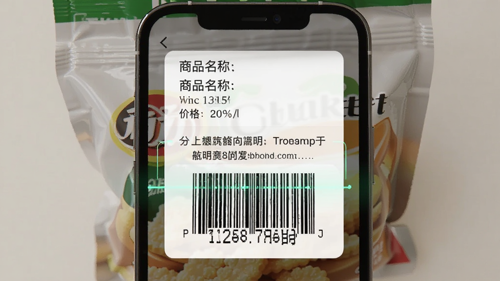 一张AI生成的图片,主体是手机正在扫描一包零食的条形码,屏幕上弹出商品名称、价格和翻译后的中文说明,布局是手机居中,排版是信息卡片叠加,风格是生活化写实,细节是条形码纹路清晰,画质干净,没有多余元素