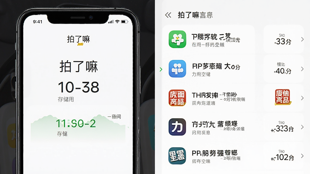 一张AI生成的图片,主体是一个手机屏幕显示“拍了嘛”的存储占用信息,旁边对比显示其他同类软件占用空间大且带有广告图标,布局是左右对比,排版是列表形式,风格是数据可视化,细节是数字清晰,画质干净,没有多余元素