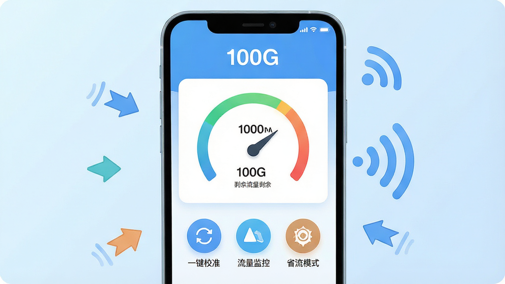 一张以“100G”为主题的应用软件界面展示图,画面中央是手机屏幕,屏幕内显示“100G”应用的主页,主页上有一个醒目的流量仪表盘,显示已用流量和剩余流量,仪表盘下方有“一键校准”、“流量监控”、“省流模式”三个圆形图标按钮,手机周围环绕着一些代表数据流量的小箭头和信号波纹,背景是干净的浅蓝色渐变,风格现代扁平化,细节圆润,画质干净无多余元素