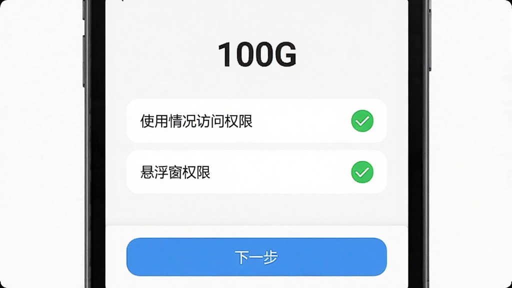 一张AI生图,主体是一个手机屏幕,屏幕上显示“100G”应用的权限设置引导页面,页面中有“使用情况访问权限”和“悬浮窗权限”两个选项,每个选项后面都有一个绿色的勾选标记,页面底部有一个“下一步”按钮,背景是白色,风格简洁,画质干净无多余元素