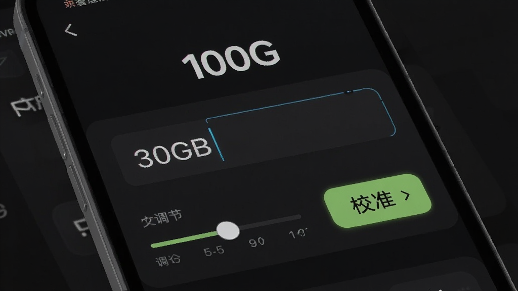 一张AI生图,主体是一个手机屏幕,屏幕上是“100G”应用的套餐设置界面,界面中间有一个输入框,输入框里显示“30GB”,下方有一个滑块用来调节套餐总量,旁边有一个醒目的“校准”按钮,背景是深色模式,风格简洁明了,画质干净无多余元素