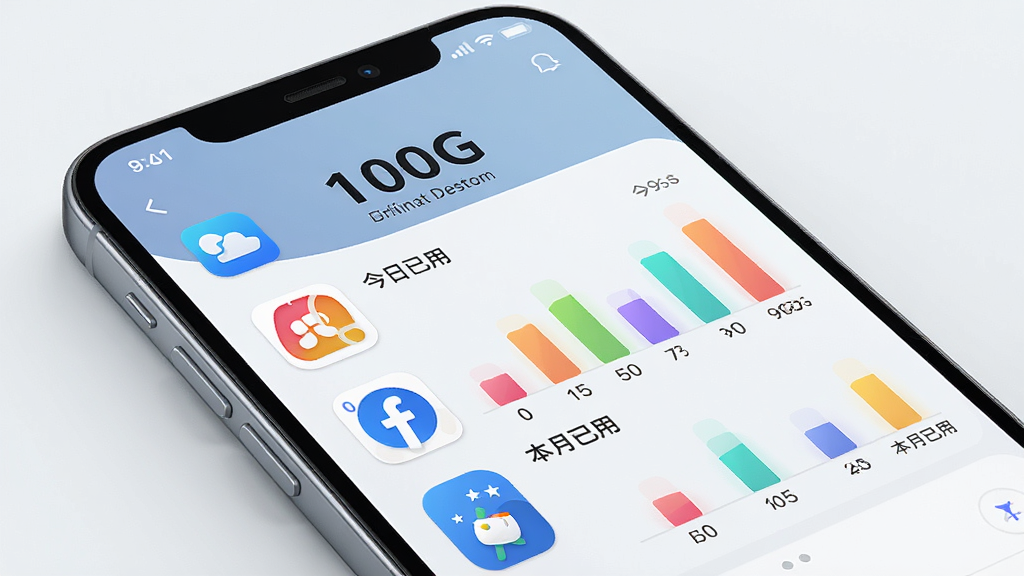 一张AI生图,主体是一个手机屏幕,屏幕上显示“100G”应用的数据统计页面,页面中有多个应用图标和对应的流量消耗柱状图,柱状图颜色鲜艳,旁边有文字标签“今日已用”、“本月已用”,布局清晰,风格简约科技感,细节精致,画质干净无多余元素