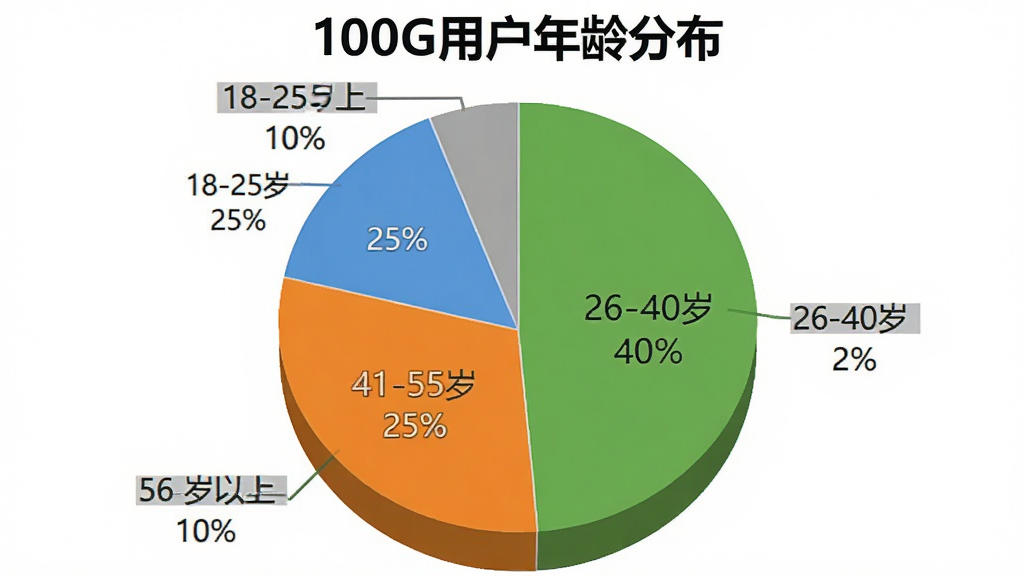 一张AI生图,主体是一个饼状图,标题是“100G用户年龄分布”,饼状图分为四个部分,分别标注“18-25岁 25%”、“26-40岁 40%”、“41-55岁 25%”、“56岁以上 10%”,颜色分别为蓝色、绿色、橙色、灰色,背景是白色,风格简洁,画质干净无多余元素