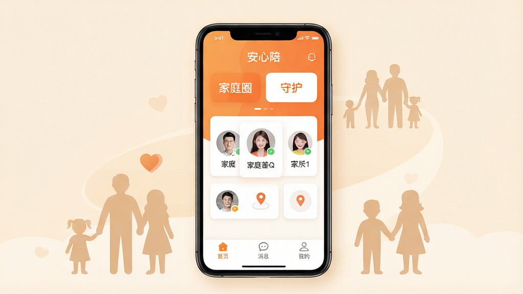 画面中央展示一部智能手机,屏幕上清晰显示“安心陪”App的首页界面,界面以温暖的橙色和白色为主色调,顶部有“家庭圈”和“守护”两个大按钮,中间是家庭成员头像和位置卡片,底部导航栏为“首页”“消息”“我的”。手机周围环绕着淡淡的家庭剪影元素,背景是柔和的米色,整体风格温馨、干净、扁平化,文字清晰无多余装饰,画质细腻高清。