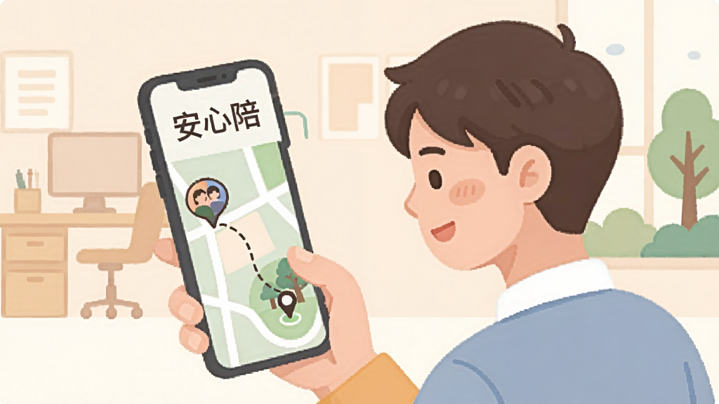 一幅温馨的插画,画面中一位年轻人在办公室看着手机屏幕,屏幕上显示着一个地图界面,地图上有两个头像标记,一个在公司位置,一个在公园位置,两个位置之间有一条虚线连接,地图上方写着“安心陪”三个字。背景是办公室和公园的简笔轮廓,风格扁平化,色彩柔和,整体传达出安心、连接的感觉,画质干净无多余元素。