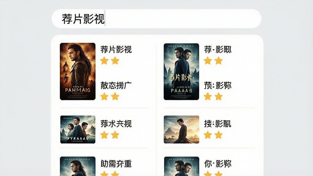 一张荐片影视App搜索界面展示图,顶部搜索框内显示“荐片影视”文字,下方列表展示多部电影搜索结果,每行包含海报缩略图、片名和评分,背景为浅灰色,风格简洁清爽,画质清晰,无多余元素