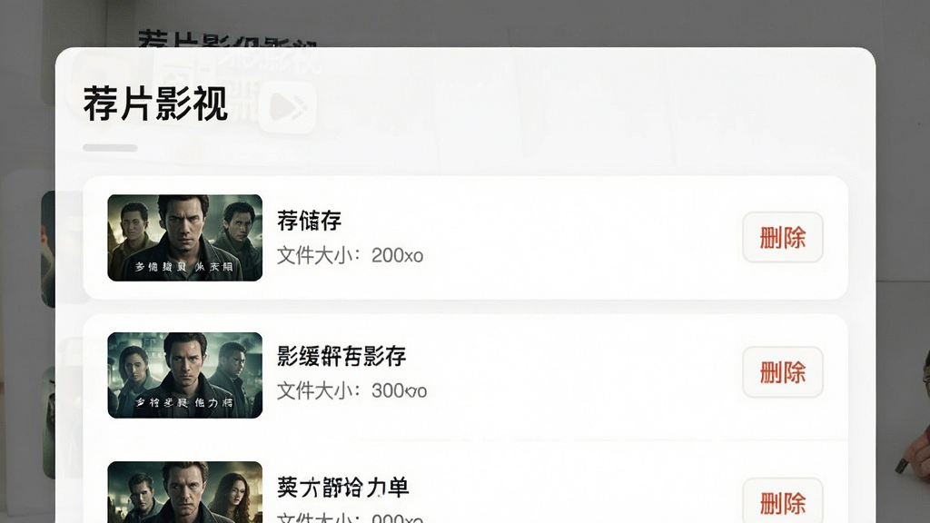 一张荐片影视App缓存管理界面展示图,界面中显示“荐片影视”标题,下方列表展示已缓存的影视条目,每条包含缩略图、片名、文件大小和删除按钮,背景为白色卡片式设计,风格干净整洁,画质清晰,无多余元素