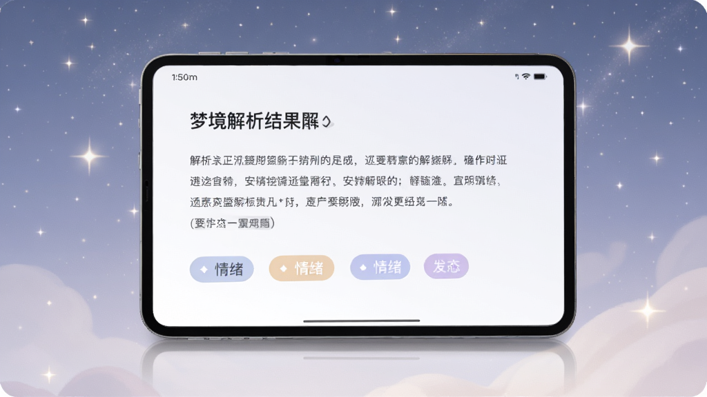 做梦心理 梦境解析结果页面,屏幕显示一段解析文字和情绪标签,背景有淡淡的星空元素,风格柔和安静,排版清晰,画质干净无多余元素