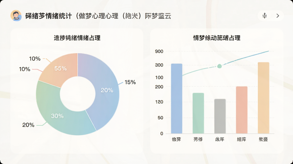 做梦心理 情绪统计图表页面,展示饼状图和柱状图,分别标注不同情绪占比,背景浅色,图表颜色柔和,风格现代扁平,画质清晰干净