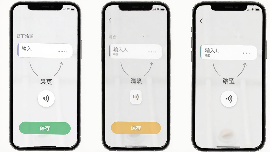 做梦心理 手机端记录界面操作示意图,展示输入框、语音按钮和保存按钮的位置,背景为浅色,风格简洁,标注清晰,画质干净