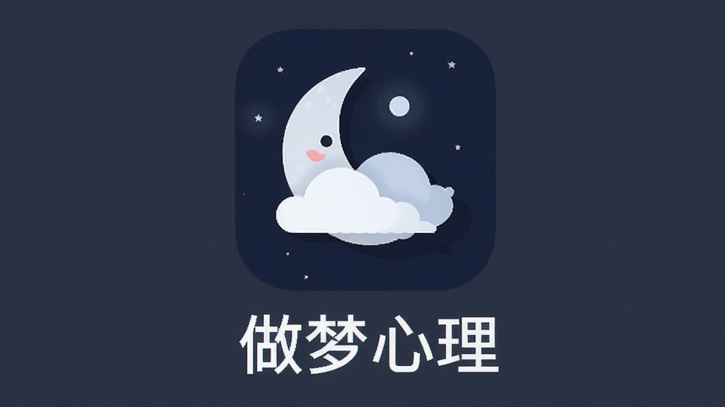 做梦心理 应用图标与名称展示图,图标为月亮与云朵结合的扁平化设计,下方标注中文名称,背景纯色,风格现代简约,无多余元素