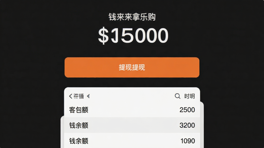 客徕拿乐购 钱包余额与提现界面 布局为上方显示金额 中间是提现按钮 下方是明细列表 风格简约 细节数字清晰 画质干净 无多余元素