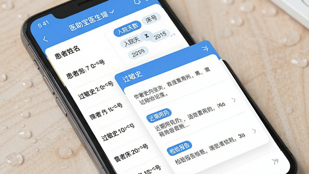 手机屏幕显示“医助宝医生端”患者列表界面,左侧是患者姓名和床号,右侧是诊断标签和入院天数,点击某个患者后展开详细档案卡片,包含“过敏史”“近期用药”“检验报告”模块,蓝白色调,界面层级清晰,画质干净,无多余元素