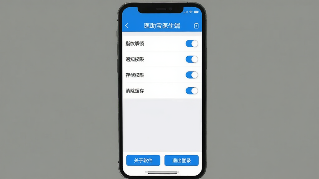 手机屏幕显示“医助宝医生端”设置界面,列表包含“指纹解锁”“通知权限”“存储权限”“清除缓存”选项,旁边有开关按钮,界面底部有“关于软件”和“退出登录”按钮,蓝白色调,扁平化设计,画质干净,无多余元素