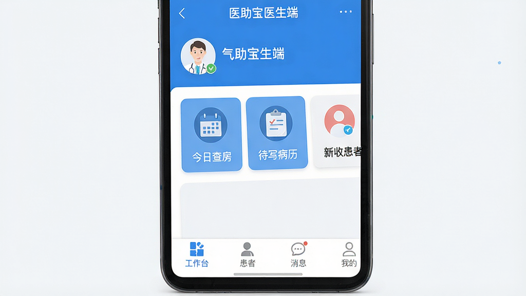 手机屏幕展示“医助宝医生端”应用主界面,蓝白配色,顶部显示医生头像和姓名,中间卡片式排列“今日查房”“待写病历”“新收患者”图标,底部导航栏“工作台”“患者”“消息”“我的”,画面干净整洁,扁平化设计风格,高画质,细节清晰,无多余元素