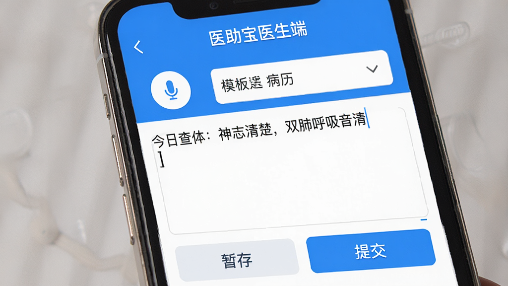手机屏幕展示“医助宝医生端”病历编辑界面,上方是语音输入按钮和模板选择下拉框,中间是文字输入区域显示“今日查体:神志清楚,双肺呼吸音清”,下方是“暂存”“提交”按钮,界面简洁,蓝白色调,画质清晰,无多余元素