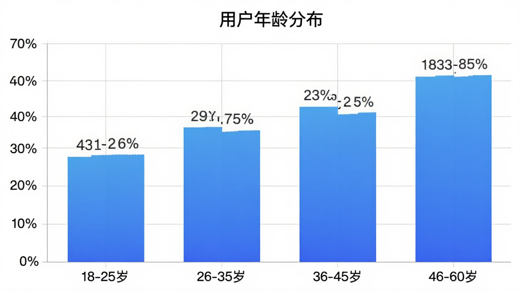 柱状图展示“医助宝医生端”用户年龄分布,横轴为年龄段“18-25岁”“26-35岁”“36-45岁”“46-60岁”,纵轴为用户占比百分比,柱子颜色为蓝色渐变,图表标题为“用户年龄分布”,背景白色,网格线浅灰,数据标签清晰,风格简洁现代,画质干净无多余元素