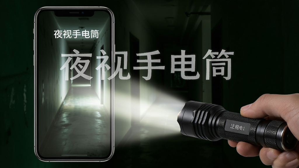 夜视手电筒App功能展示图,手机屏幕显示正在照明,光线明亮,照亮了前方黑暗的走廊,画面中有“夜视手电筒”字样,风格写实,细节丰富,画质高清,无多余元素