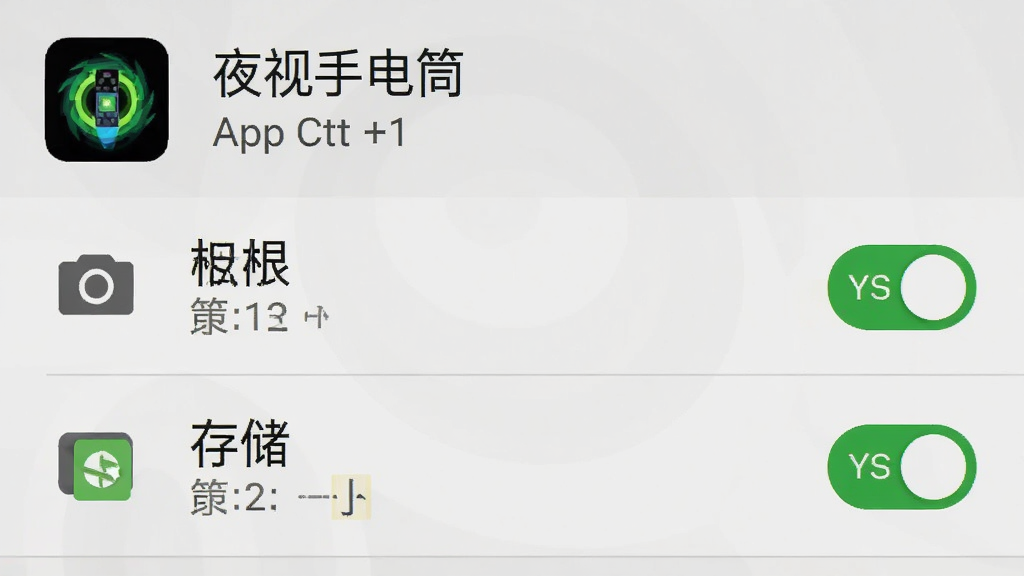 夜视手电筒App权限设置界面截图,显示相机和存储权限已开启,界面风格为安卓原生设置,有“夜视手电筒”应用名称,细节清晰,画质干净,无多余元素