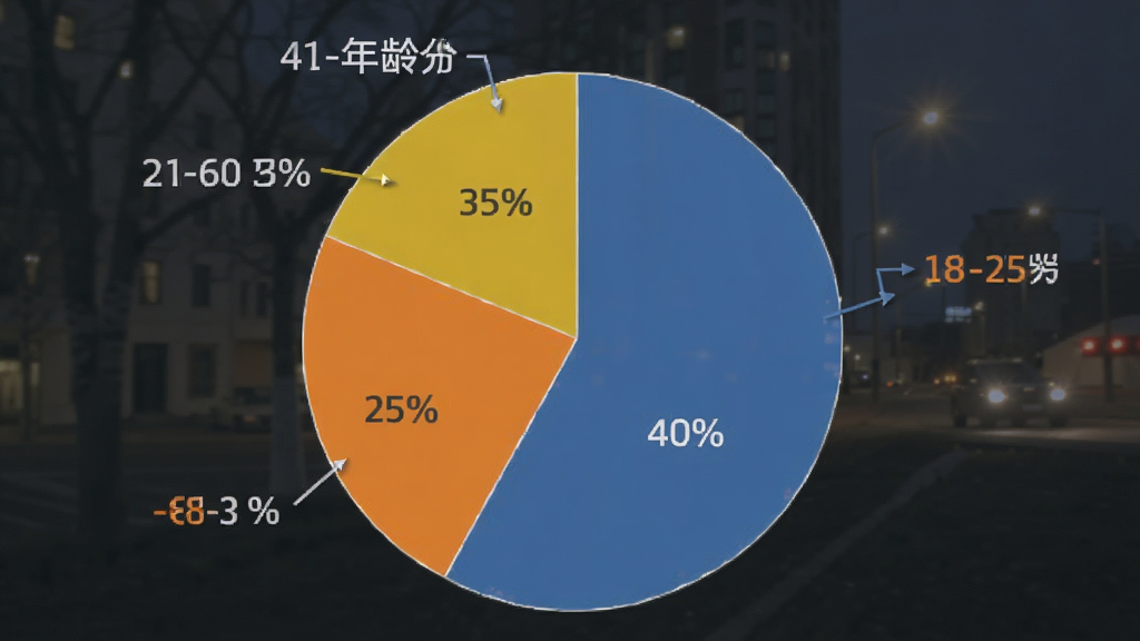 夜视手电筒用户年龄分布饼状图,图表显示18-25岁占比25%,26-40岁占比40%,41-60岁占比35%,颜色区分明显,风格简洁商务,细节清晰,画质干净,无多余元素