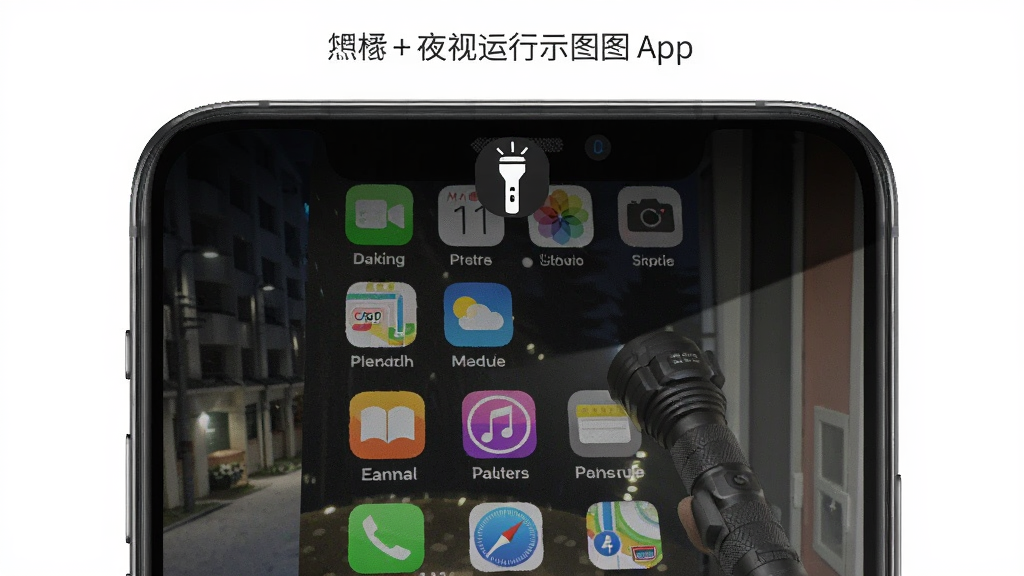 夜视手电筒App后台运行示意图,手机屏幕显示其他应用界面,但顶部状态栏有一个手电筒图标,表示灯光在后台持续亮着,风格简洁,细节到位,画质清晰,无多余元素