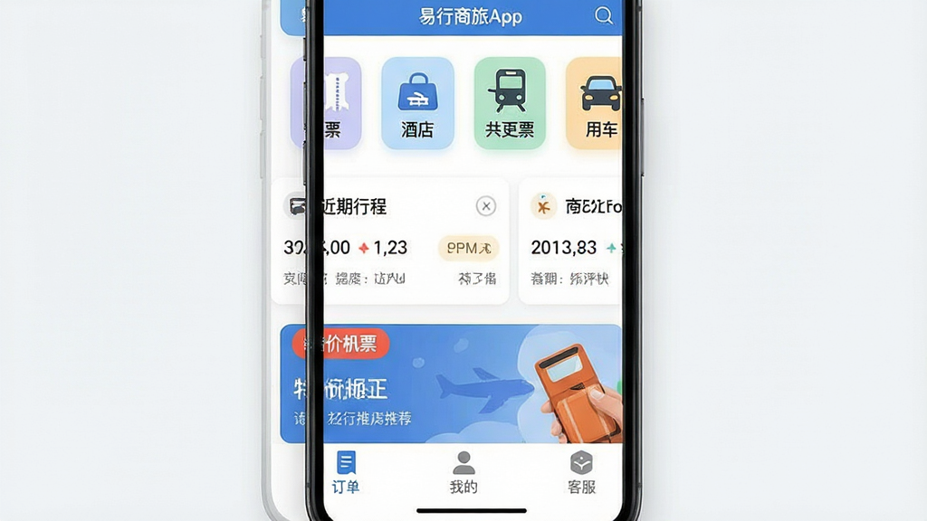 һ��չʾ��������App���Ľ�����ֻ���Ļ��ͼ��������һ�����ŵ������ֻ�����Ļ����ʾ��������App����ҳ�����ְ��������Ļ�Ʊ���Ƶꡢ��Ʊ���ó��Ĵ�Ԥ�����ͼ�꣬�м��ǽ����г̿�Ƭ���ؼۻ�Ʊ�Ƽ�������ײ�Ϊ�������ҵġ��ͷ�����������ǩ���Ű��������࣬���Ϊ�ִ���ƽ����ƣ�ϸ����ͼ��Բ������ʹ���޳������壬���ʸɾ��������޶���װ��Ԫ��