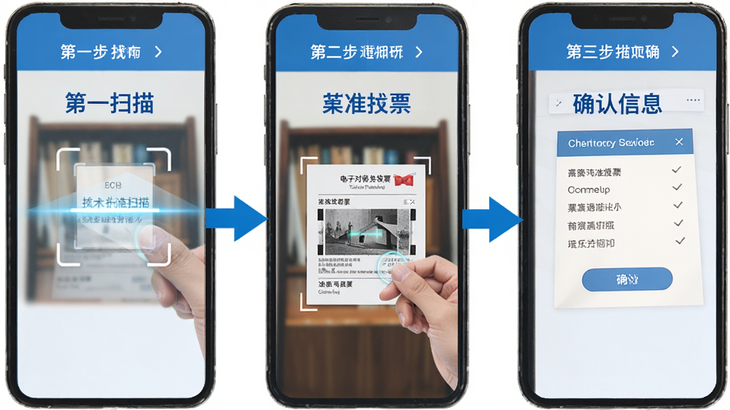 电子税务发票通助手 操作教程示意图,画面展示手机屏幕上分步骤的操作指引,第一步点击扫描,第二步对准发票,第三步确认信息,每一步都有箭头和文字标注,界面清晰,风格简洁,蓝白配色,画质干净,无多余元素。