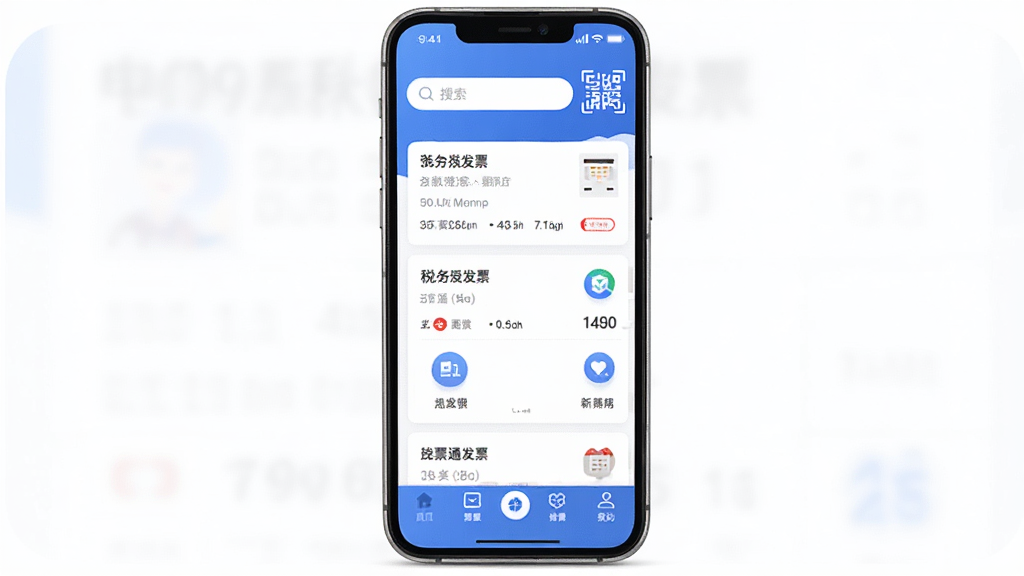 电子税务发票通助手 手机应用界面展示,主体是一部智能手机,屏幕中显示电子税务发票通助手的应用主界面,界面布局清晰,顶部有搜索栏和扫码入口,中间是发票列表和功能图标,底部为导航菜单,整体采用蓝白配色,风格简洁现代,扁平化设计,细节圆润,画质干净,无多余元素,高清渲染。