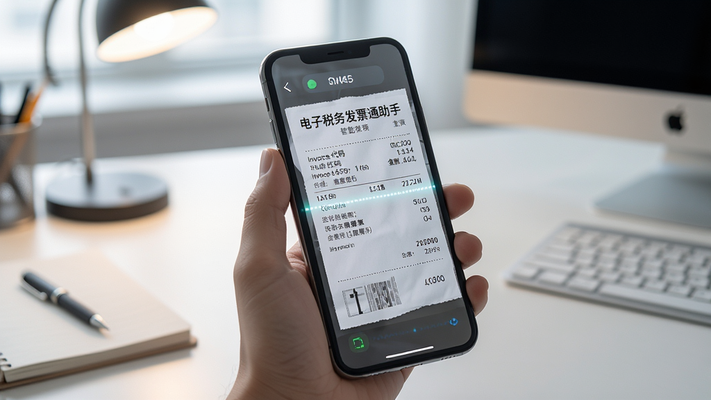 电子税务发票通助手 智能识别发票场景,画面中央是一部手机正在扫描一张纸质发票,手机屏幕上自动弹出识别出的发票代码、金额、日期等数据字段,背景是整洁的办公桌面,有柔和的光线,风格写实科技感,画质清晰,主体突出,无杂乱元素。