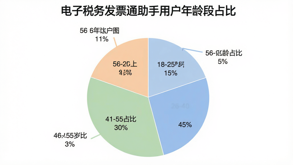 电子税务发票通助手 用户年龄分布饼状图,图表标题为“电子税务发票通助手用户年龄段占比”,饼图分为四个色块,分别标注18-25岁占比15%,26-40岁占比45%,41-55岁占比30%,56岁以上占比10%,配色柔和清晰,数据标签明确,背景干净,风格商务简约,画质清晰。