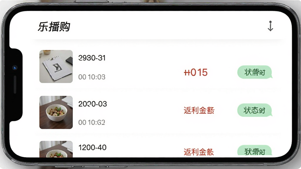 一张“乐播购”订单明细页面展示图,手机屏幕内显示订单列表,每笔订单有商品缩略图、时间、返利金额和状态标签,界面整洁有序,背景为纯白色,风格简约商务,画质清晰,无多余元素