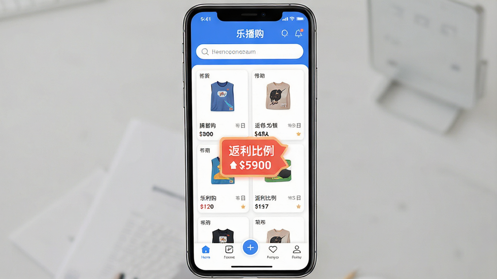 一张展示“乐播购”APP核心界面的手机样机图,画面中央是手机屏幕,屏幕内显示“乐播购”应用首页,顶部有搜索栏,中间是商品卡片列表和醒目的返利比例标签,底部导航栏清晰可见,整体布局简洁,蓝白配色为主,风格现代扁平化,细节圆润,画质干净清晰,无多余元素