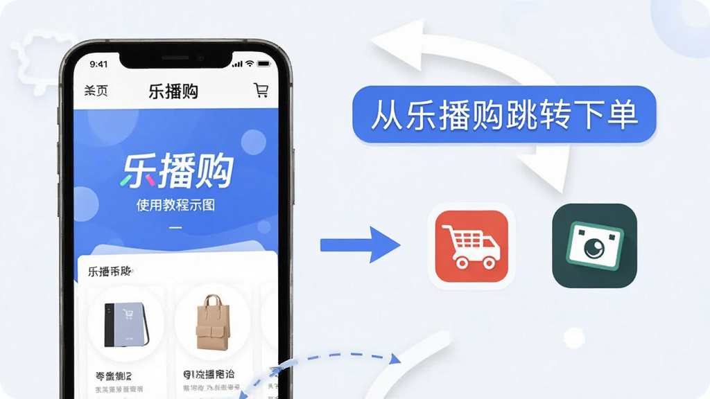 一张“乐播购”使用教程示意图,画面中一部手机显示乐播购首页,旁边有箭头指向电商平台图标,示意跳转下单流程,画面中有“从乐播购跳转下单”的文字标签,背景为浅色,风格简洁明了,画质干净,无多余元素