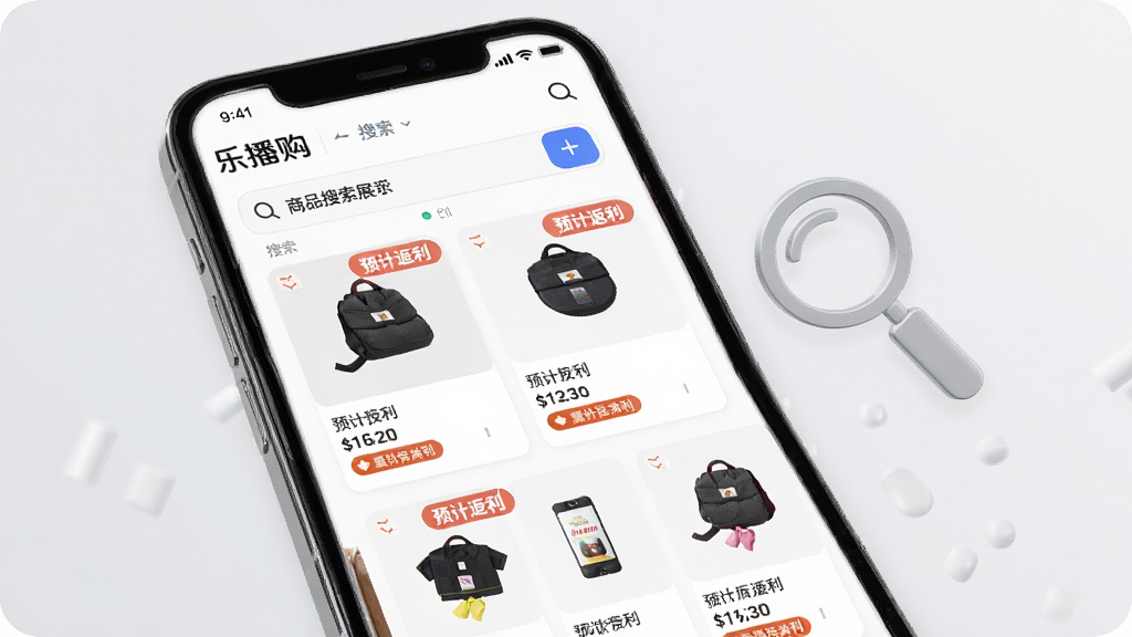 一张“乐播购”商品搜索功能展示图,画面主体是一部手机,屏幕上显示搜索结果页面,多个商品卡片整齐排列,每个卡片上有商品图、价格和“预计返利”标签,背景为浅灰色,风格清爽现代,手机旁边有放大镜图标点缀,画质干净,无多余元素