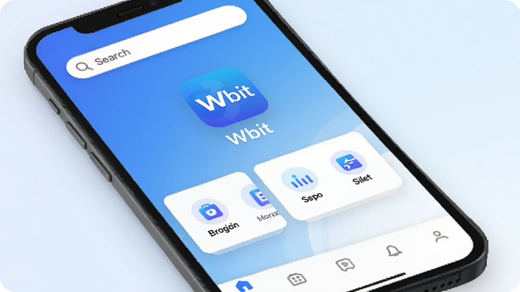 Wbit 智能助手工具主界面展示,手机屏幕中央显示 Wbit 应用图标和名称,背景为蓝白渐变色调,界面布局简洁,顶部有搜索栏,中部有功能卡片,底部为导航栏,风格现代扁平,画质干净清晰,无多余元素