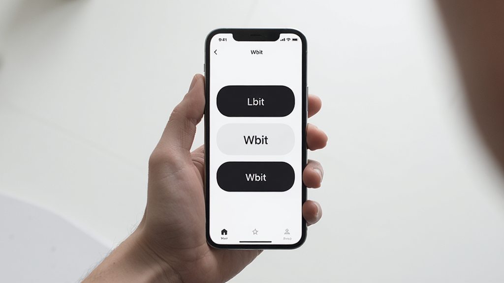 Wbit 极简交互设计展示,画面中一只手拿着手机,屏幕上显示 Wbit 应用界面,界面只保留三个主要功能按钮,背景干净,光线柔和,风格简约现代,画质清晰无杂乱