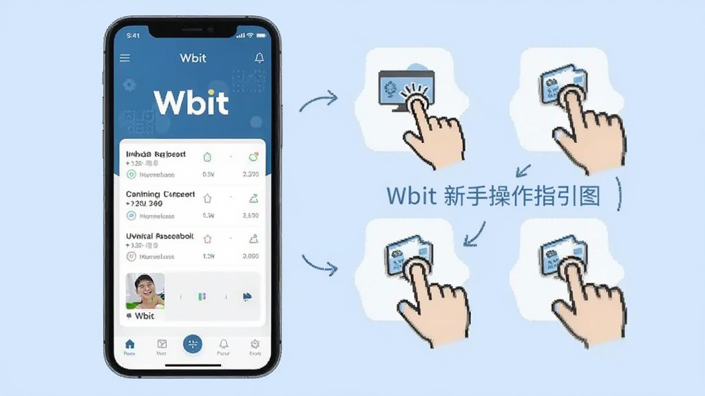 Wbit 新手操作指引图,画面中一部手机显示 Wbit 应用界面,旁边有手指点击的示意图标,背景为浅蓝色,风格教程类,画质清晰,无多余元素
