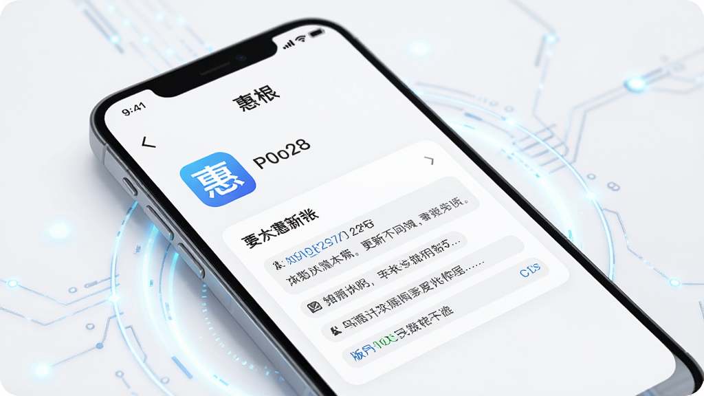 一张手机应用更新界面图,画面中手机屏幕上显示“惠根”App的更新日志页面,有版本号和更新说明文字,背景是简洁的白色,周围有轻微的科技感光效,整体风格清爽,画质干净,无多余元素。